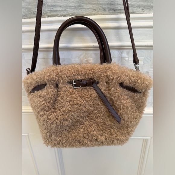 New Anthropologie Sherpa belted tote bag crossbody purse tan brown satchel - Picture 13 of 15